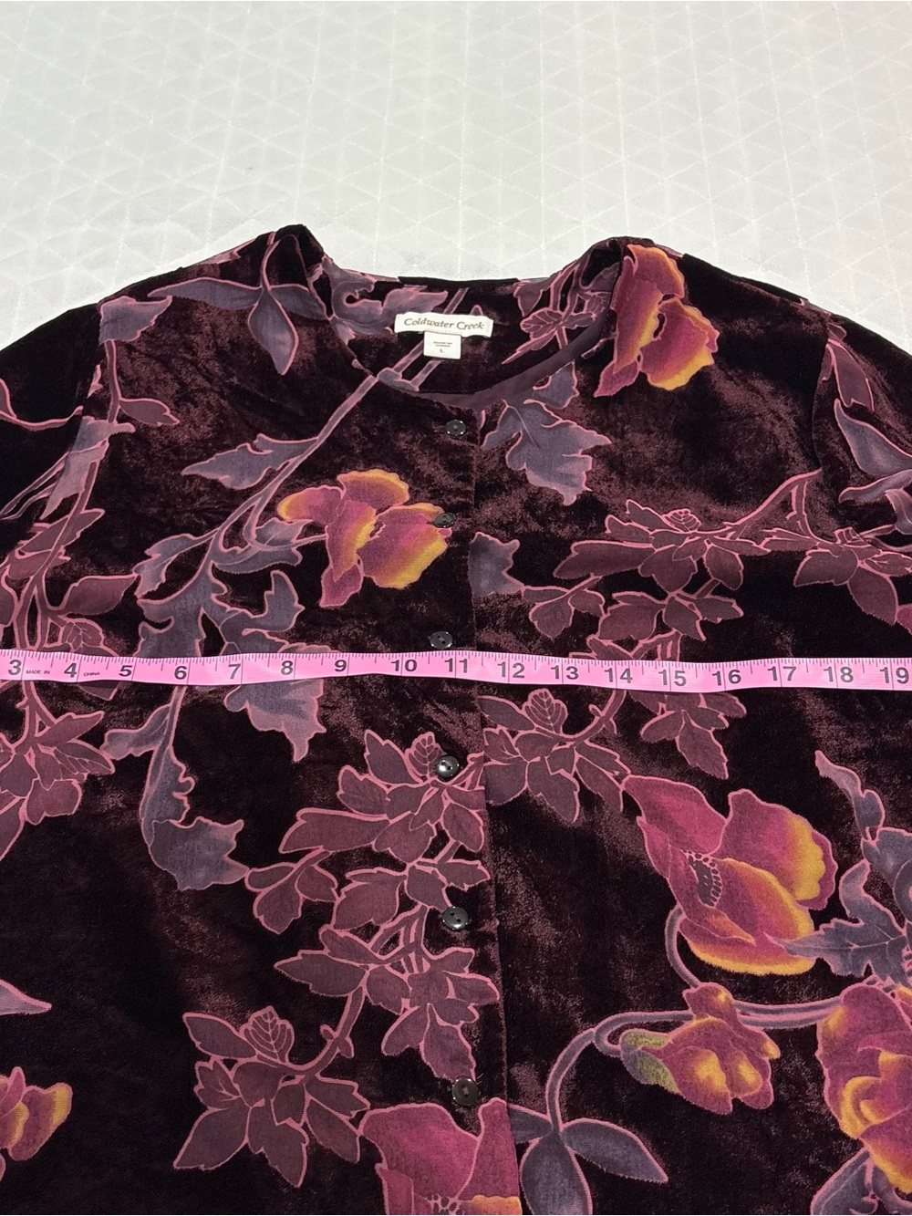 VTG Coldwater Creek Button Down Top Sz L Burgundy Pink Velvet Burnout Long Sleev - Picture 12 of 15